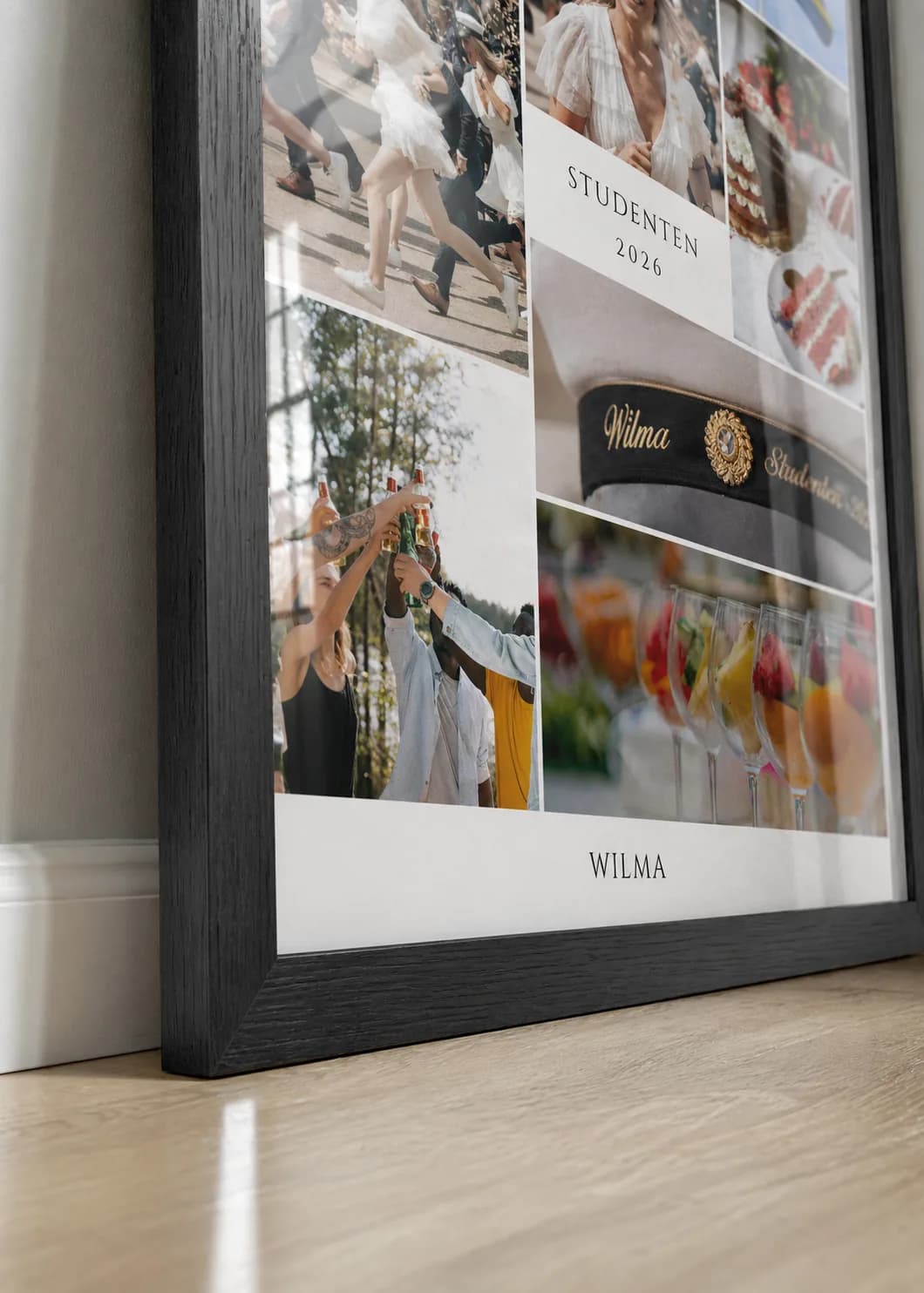 Närbild på studenttavla i svart ram — premium tryckkvalitet