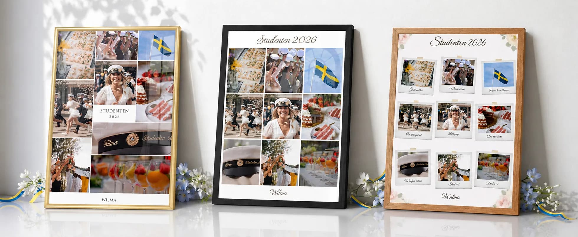 Tre personliga studentpresenter i guld-, svart- och ekram